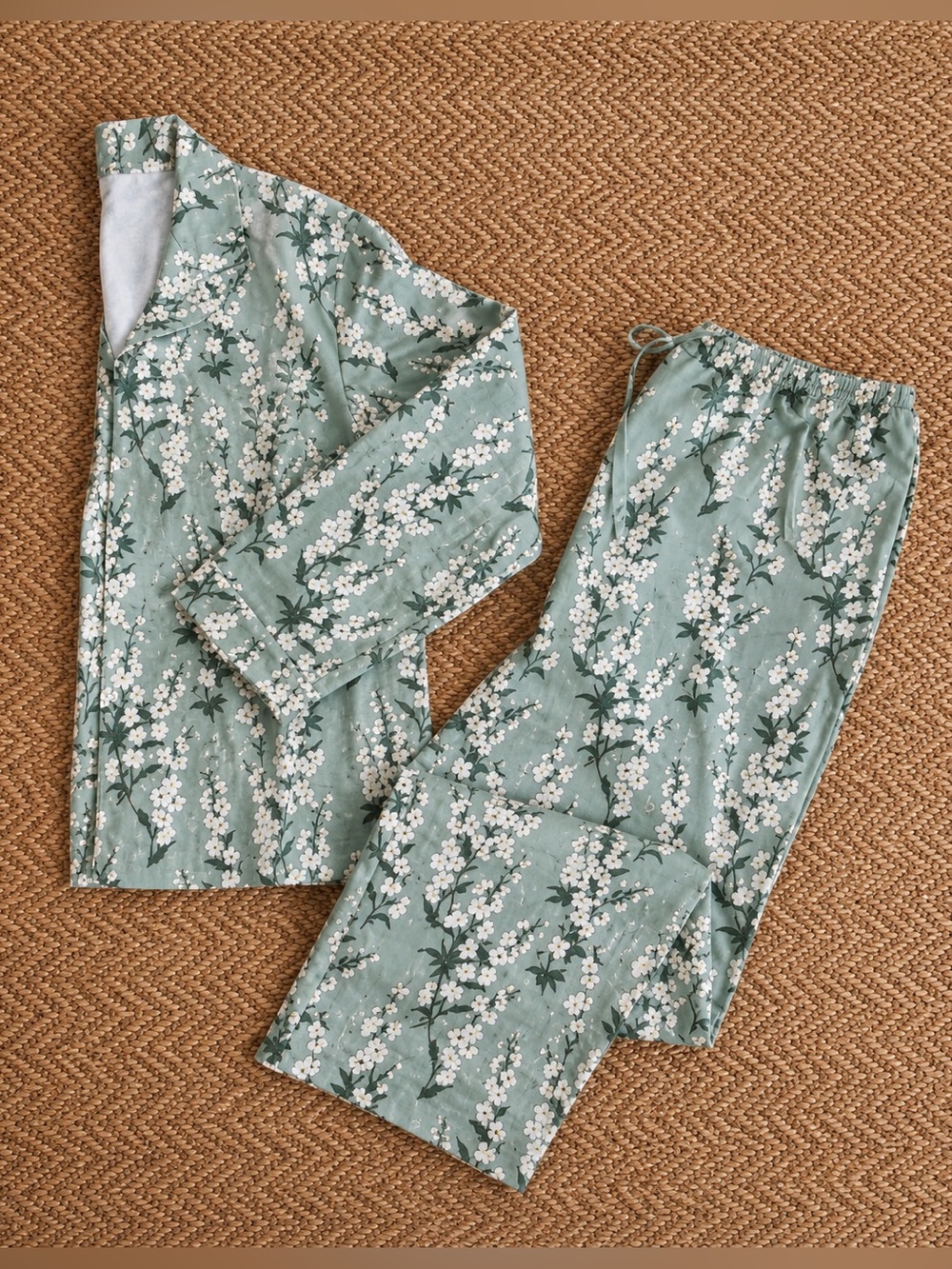 Garnet Hill Sage Green Floral Satin Pajama Set - Picture 2 of 12